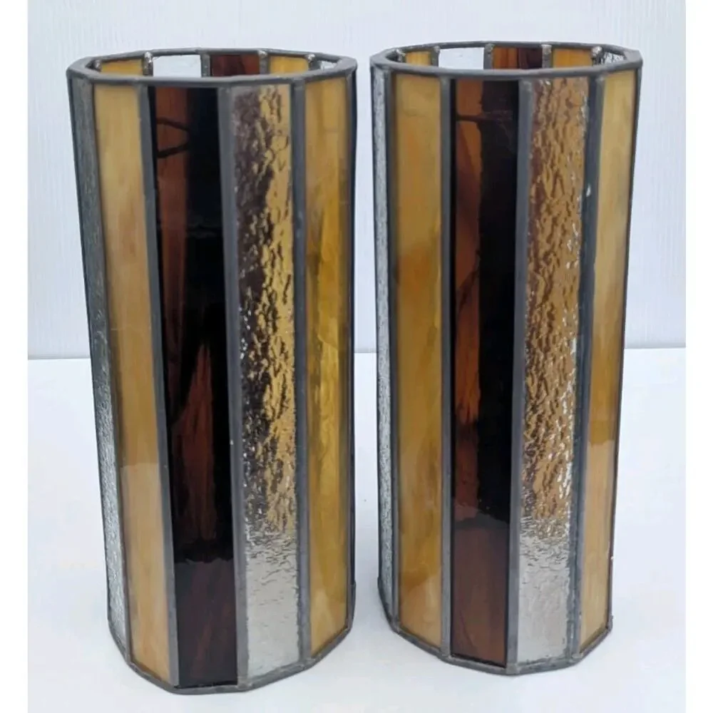 Vintage Stained Glass Tall Cylinder Swag Lamp Shades Lot of 2 Striped